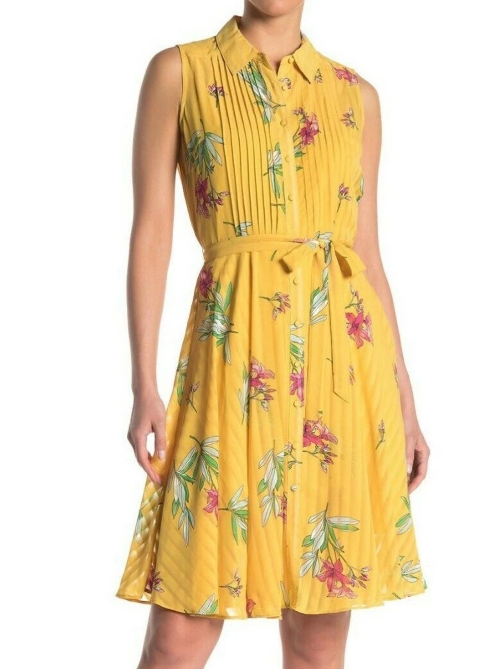 Nanette Lepore Yellow Floral Sleeveless Midi Shirt Dress